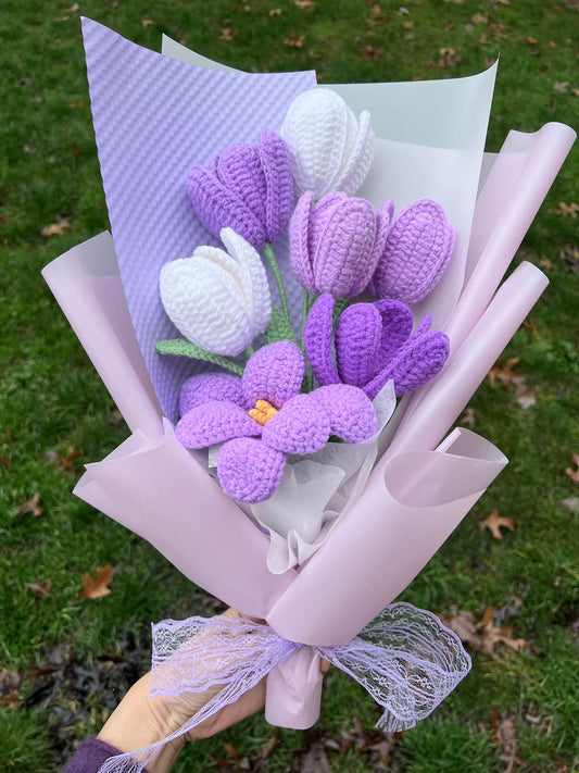 7 purple tulips | Crochet flowers bouquet, One of a kind gifts