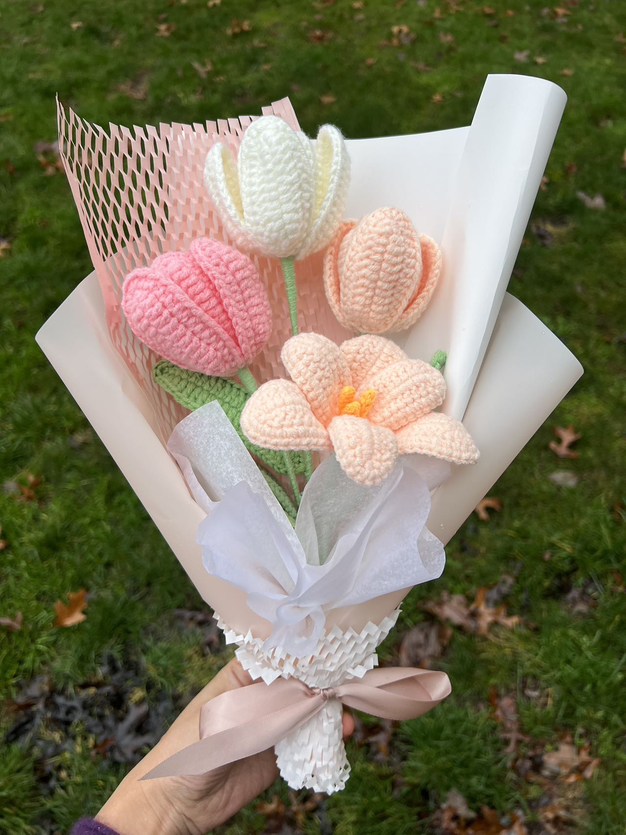 4 purple tulip | Crochet flowers bouquet, One of a kind gifts