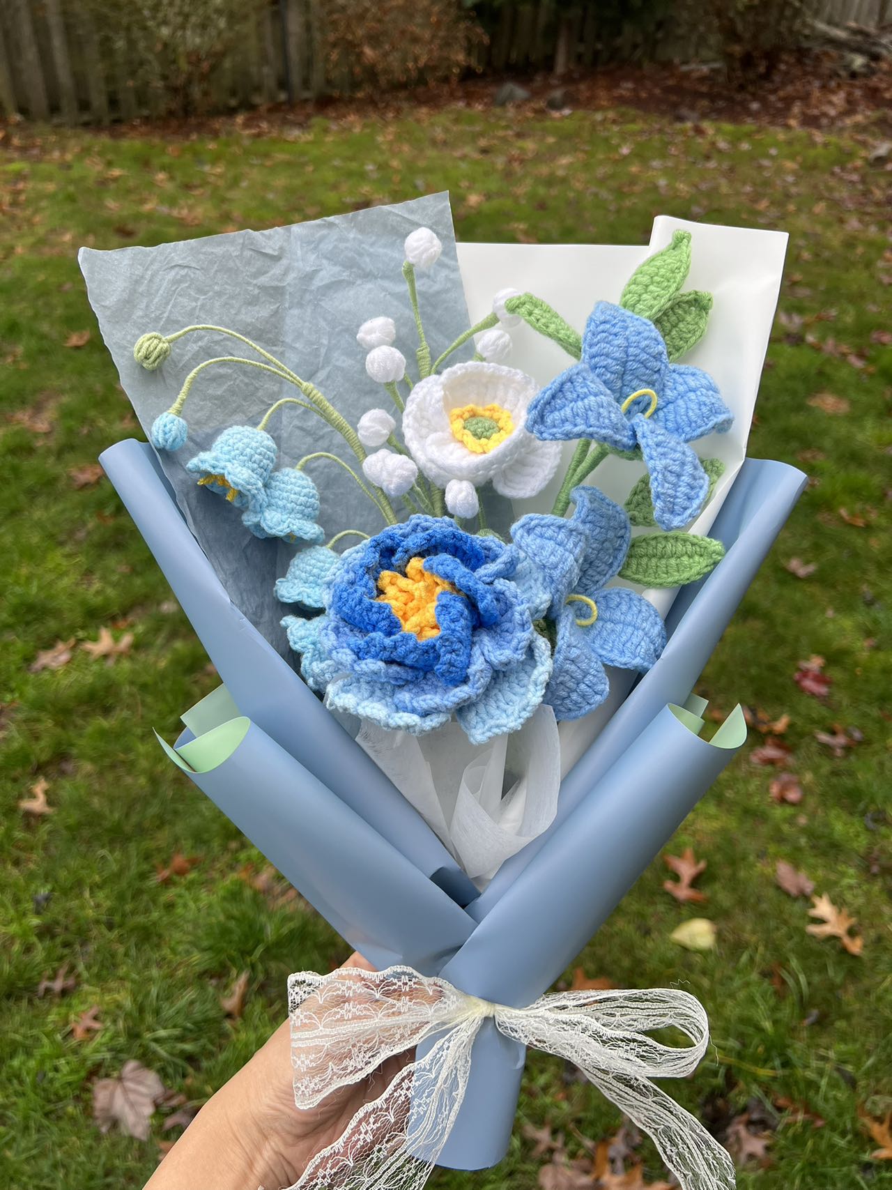 Blue peony bell |Crochet flowers bouquet, One of a kind gifts