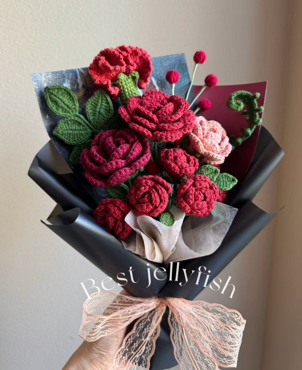 Large retro red | Crochet flowers bouquet, forever flowers