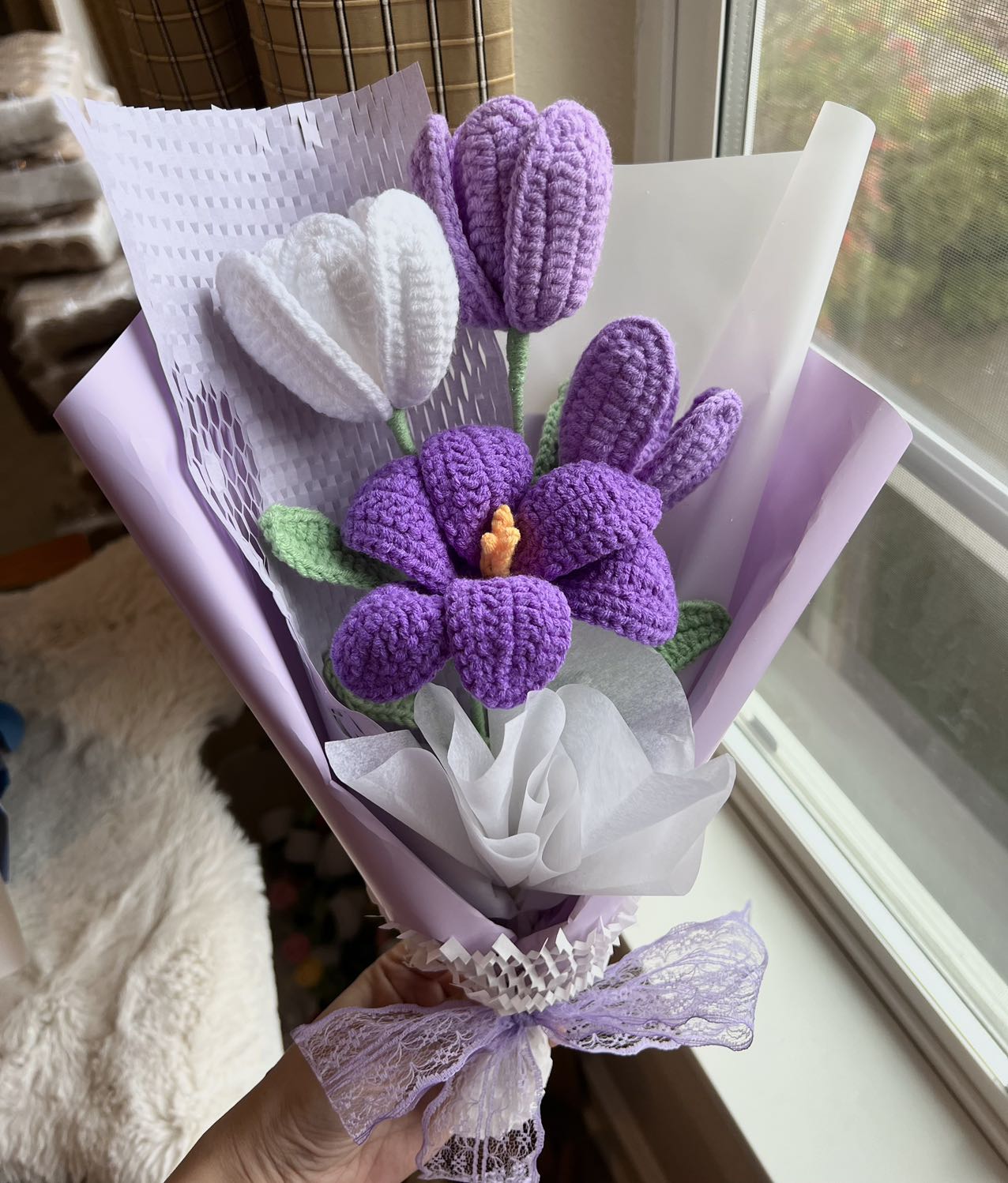4 purple tulip | Crochet flowers bouquet, One of a kind gifts