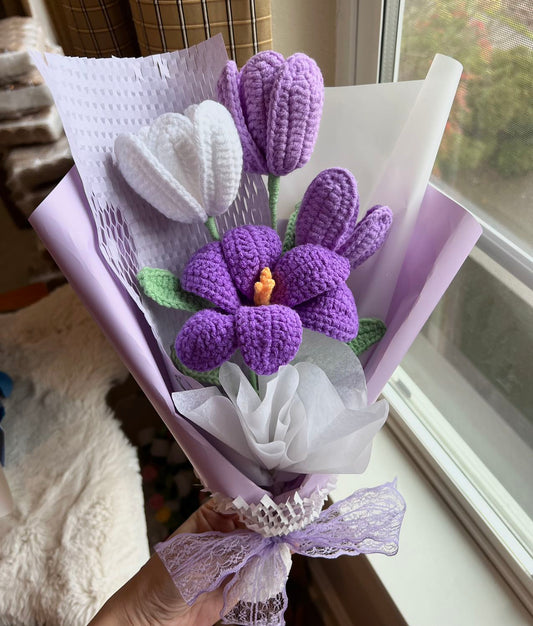 4 purple tulip | Crochet flowers bouquet, One of a kind gifts