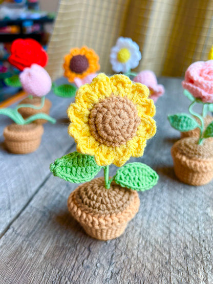 Crochet flowers pot,  birthday gift, Christmas, daisy, sunflower, home decor, handmade gift,  Finished Product