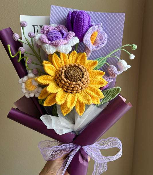 Sunflower purple bell | Crochet flowers bouquet, Flowers forever