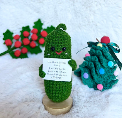 Mini Funny Emotional Support Pickle Gift with Stand, Cute Crochet Positive Pickle, Send a Hug, Thinking of You, Cheer Up Gifts