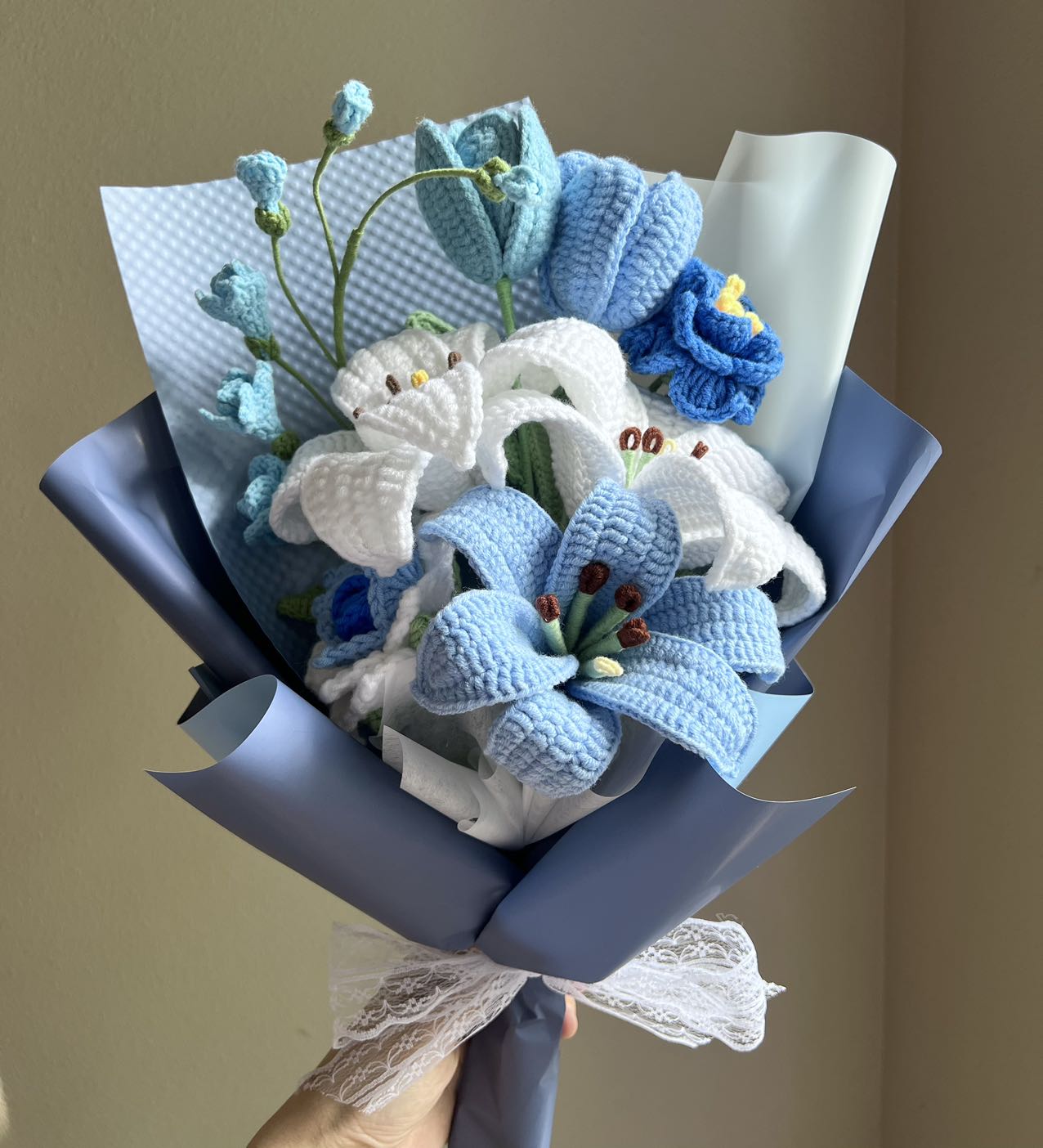 Elegant blue lily | Crochet flowers bouquet, One of a kind gifts