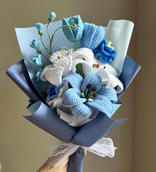 Elegant blue lily | Crochet flowers bouquet, One of a kind gifts