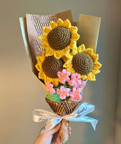3 sunflower orange | Crochet flowers bouquet, One of a kind gifts