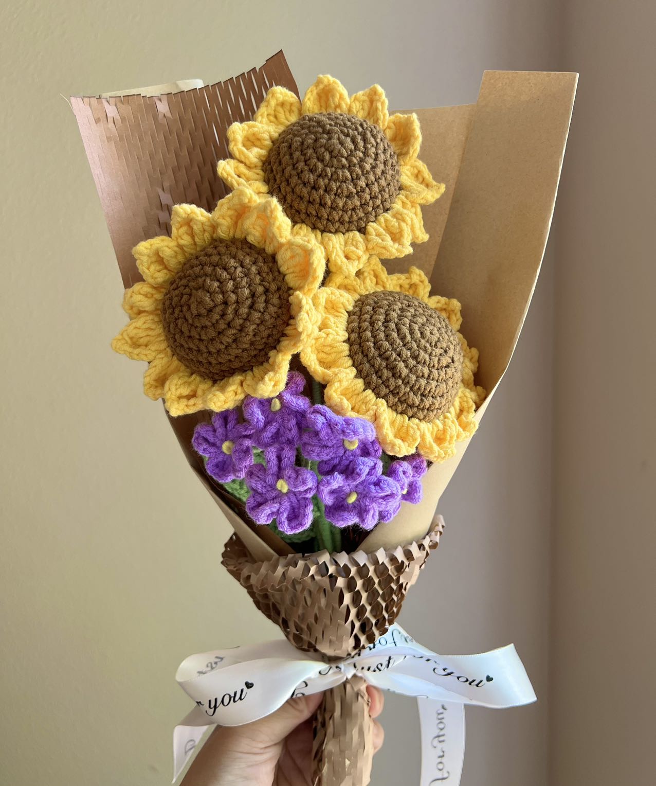 3 sunflower orange | Crochet flowers bouquet, One of a kind gifts