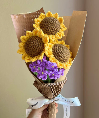 3 sunflower orange | Crochet flowers bouquet, One of a kind gifts