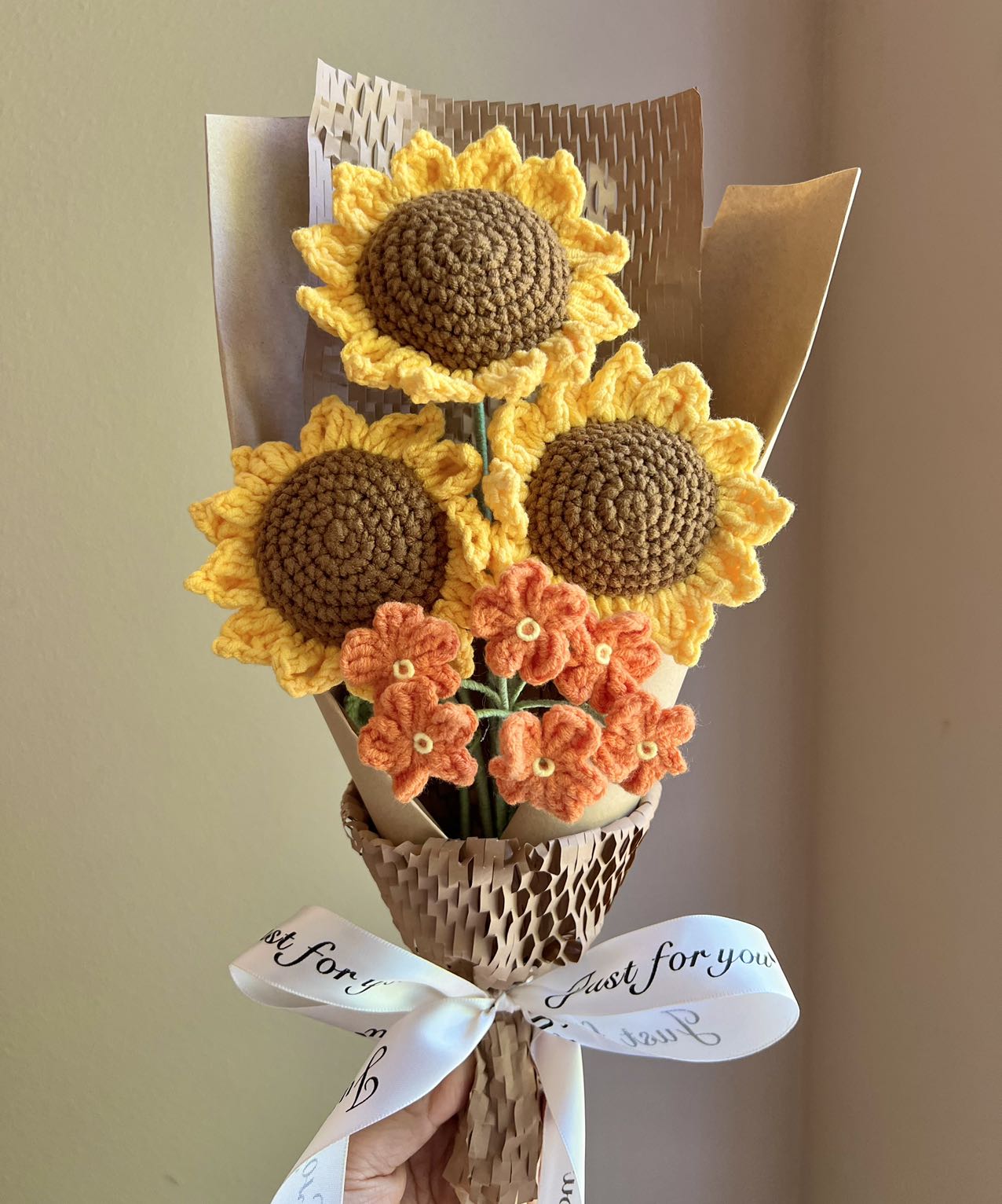 3 sunflower orange | Crochet flowers bouquet, One of a kind gifts
