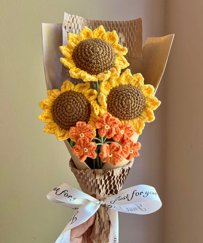 3 sunflower orange | Crochet flowers bouquet, One of a kind gifts