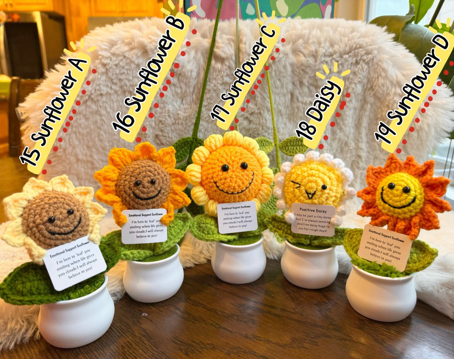 Unique Handmade Crochet positive veggie +Emotional Support sunflower, Daisy, Christmas, Birthday, Mom, gift for her,Coworker,Family/Friends