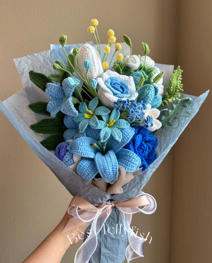 Ex Azure Grandeur | Crochet Flower Bouquet: Handmade Dahlia Tulip peony