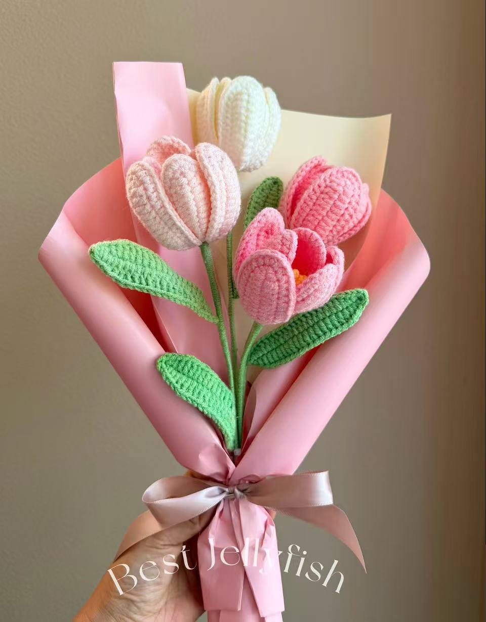 4 purple tulip | Crochet flowers bouquet, One of a kind gifts