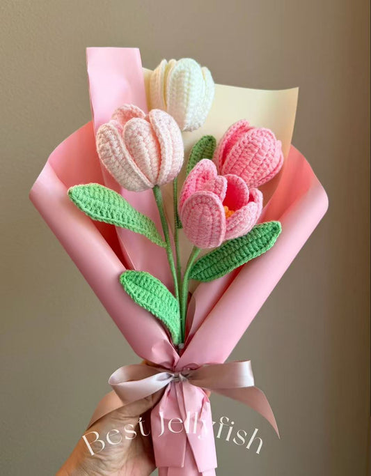 4 purple tulip | Crochet flowers bouquet, One of a kind gifts