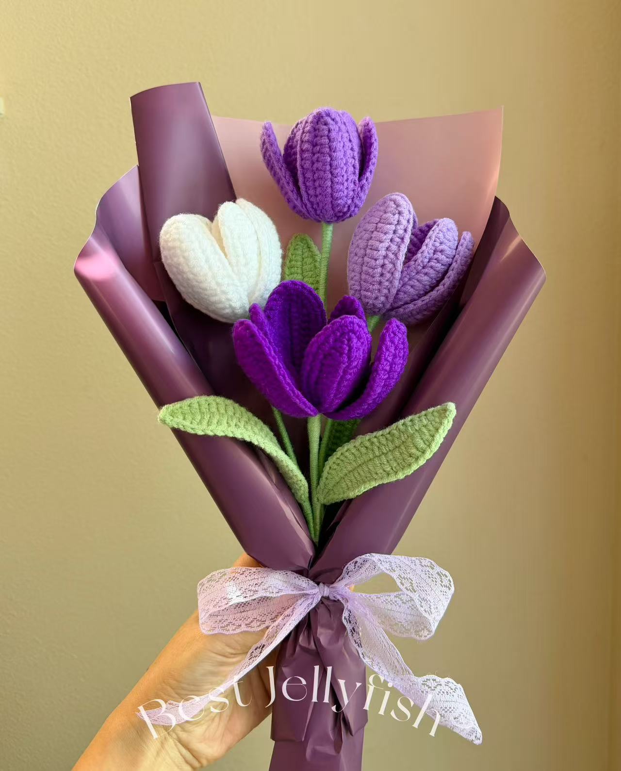 4 purple tulip | Crochet flowers bouquet, One of a kind gifts