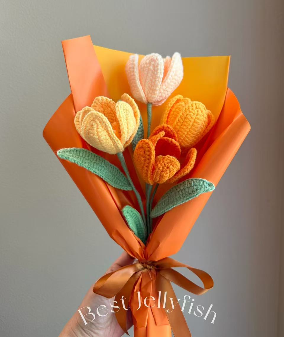 4 purple tulip | Crochet flowers bouquet, One of a kind gifts
