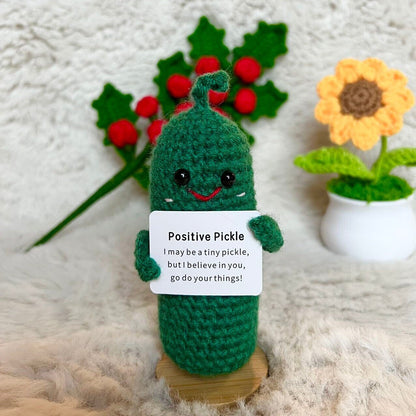 Mini Funny Emotional Support Pickle Gift with Stand, Cute Crochet Positive Pickle, Send a Hug, Thinking of You, Cheer Up Gifts