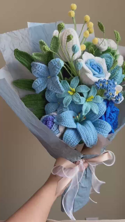 Ex Azure Grandeur | Crochet Flower Bouquet: Handmade Dahlia Tulip peony