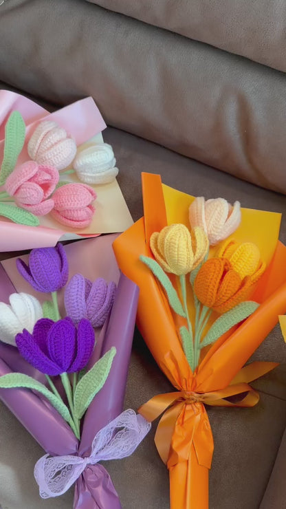 4 purple tulip | Crochet flowers bouquet, One of a kind gifts