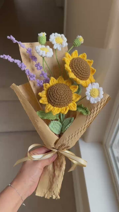 Sunflower with daisy lavender | Crochet flower bouquet, Daisy, Lavender, Birthday gift for her